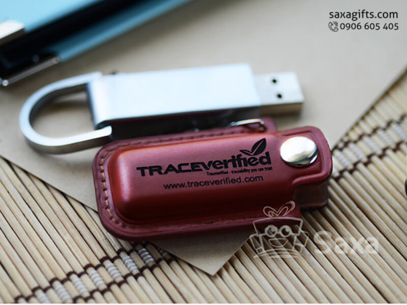 Leather USB with logo printed, removable chip keychain