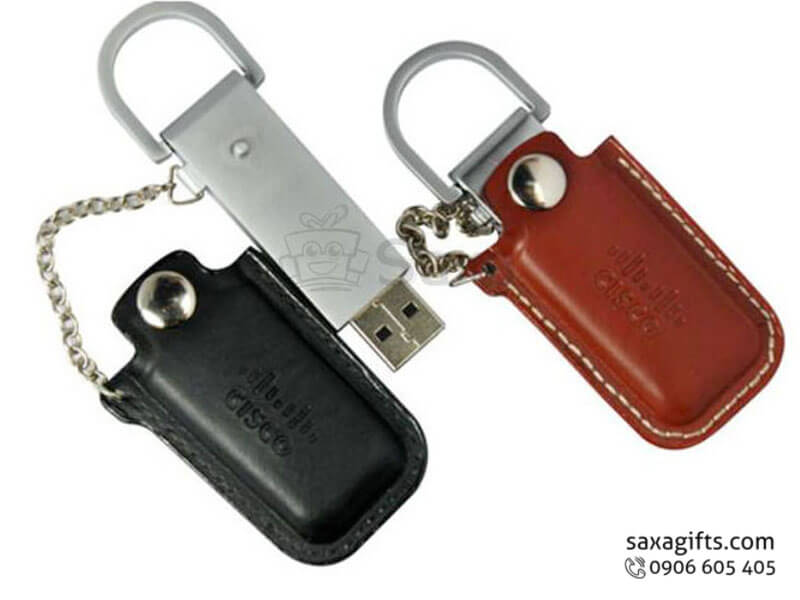 Leather USB with logo printed, removable chip keychain