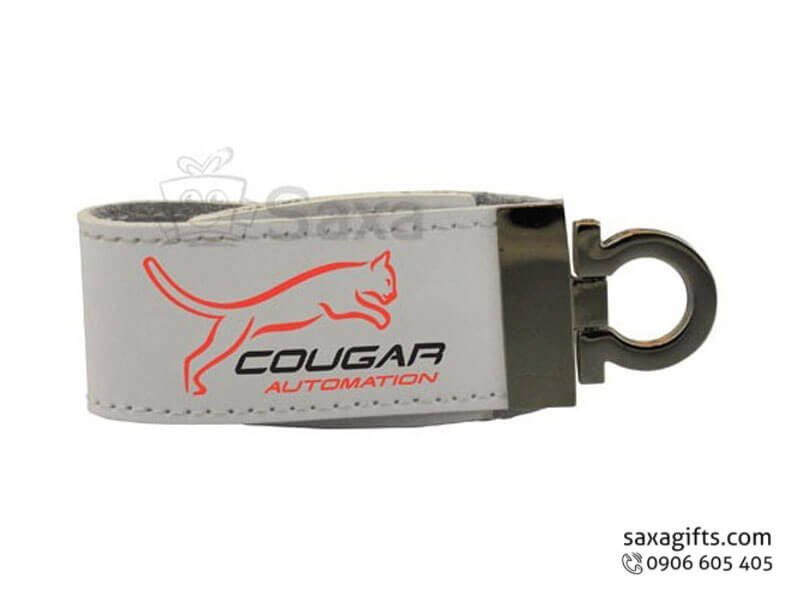 Leather USB keychain and button in black/grey colour