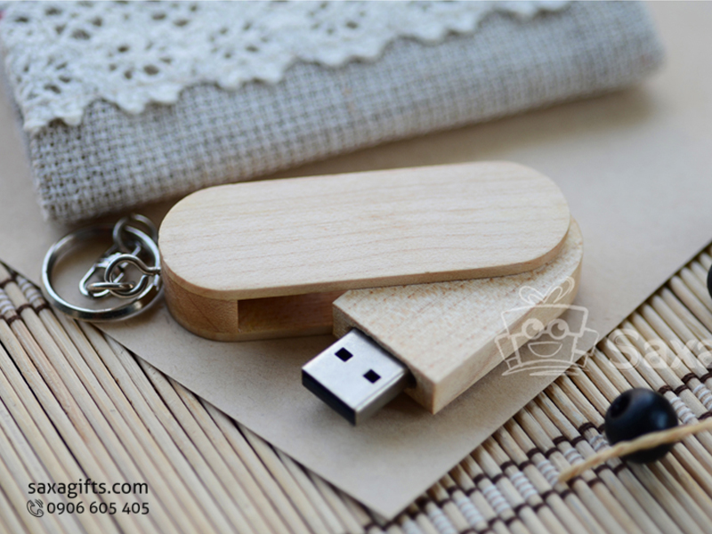 Wooden USB with logo printed and 360 degree rotation keychain