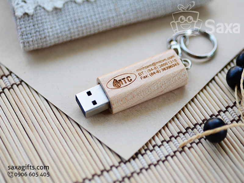 Wooden USB with logo printed, and a keychain