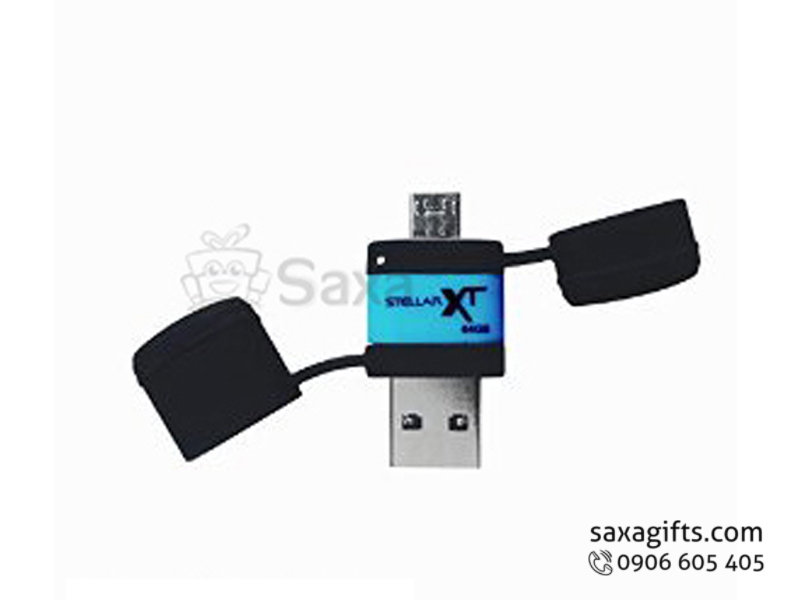 USB on to go nhỏ gọn màu xanh đen có nắp đậy  (USB on to go) kích thước 3,5 cm đủ để chứa chíp xử lý và 2 đầu nối usb và đầu kết nối điện thoại smartphone.