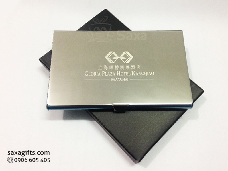 Metal namecard holder with logo printed and whole bright silver cover