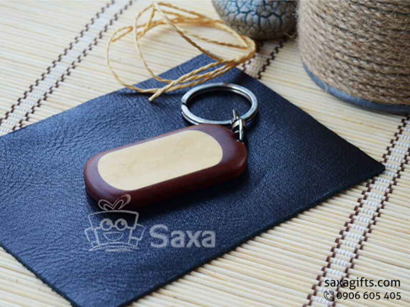 Wooden keychain with yellow brown mixed and corners, sides rounded