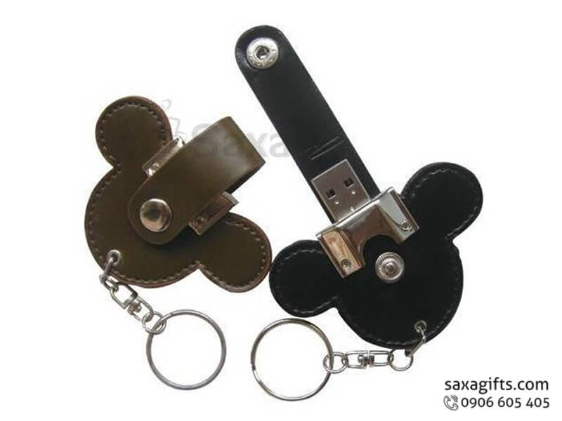 Leather USB with logo printed and Mickey Mouse head shape keychain