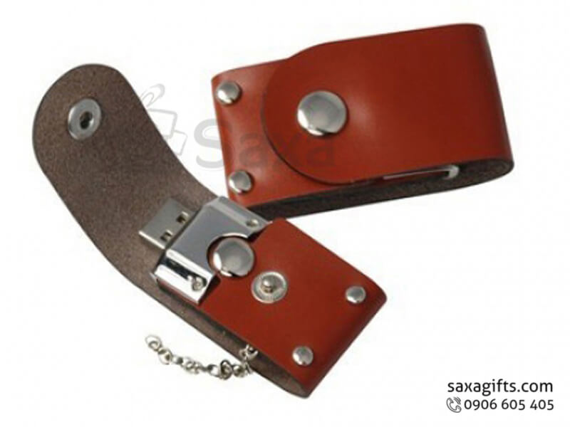 Leather USB with logo printed, flip cover and button