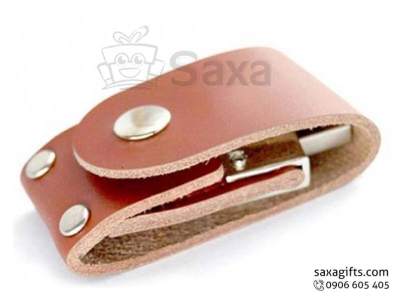 Leather USB with logo printed, flip cover and button