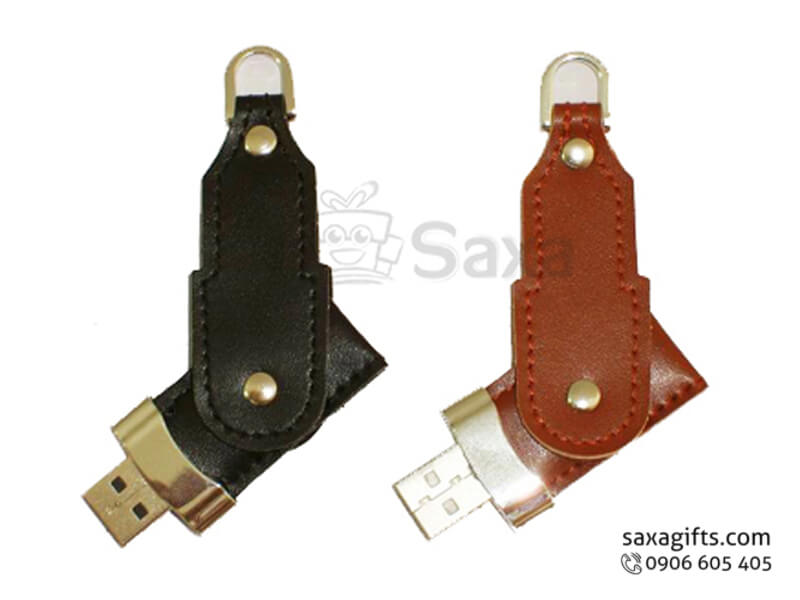 Leather USB 360 degree rotation rounded corner keychain