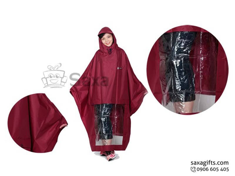 Rain poncho with front gloss plastic piece in unique V shape