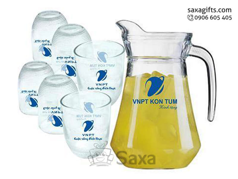 Bộ 1 bình VNPT + 6 ly thủy tinh lùn sọc ngang ở phần đáy