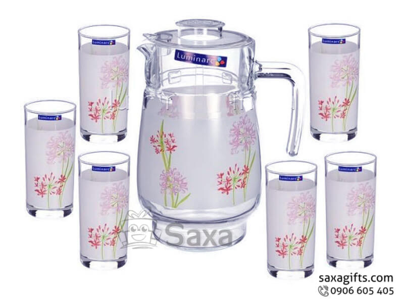 Glass bottle set with logo printed in highlighted floral pattern medium size