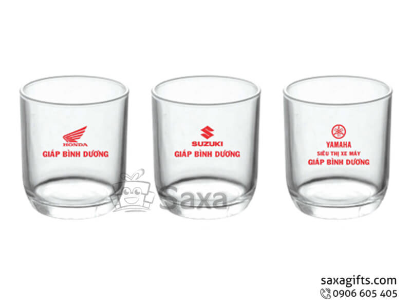 Glass mugs with logo printed, rounded corner base in cylinder form