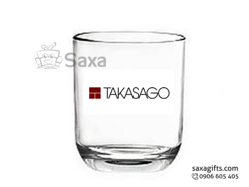 Glass mugs with logo printed, rounded corner base in cylinder form