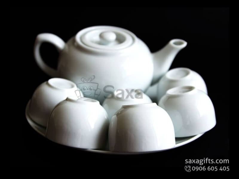 Ceramic tea set with logo printed in short oval from from Minh Long