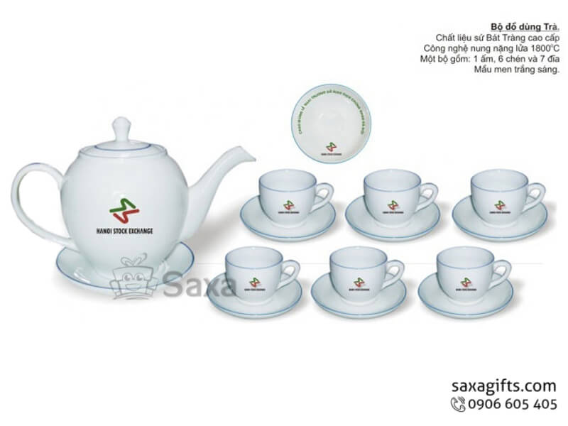 Ceramic tea set with logo printed in tall oval from from Minh Long