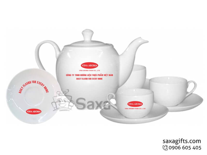 Ceramic tea set with logo printed in tall oval from from Minh Long