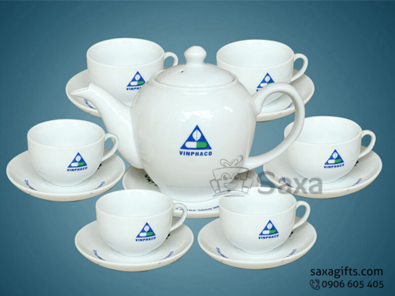 Ceramic tea set with logo printed in tall oval from from Minh Long