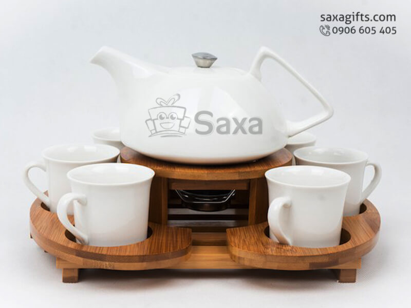 Ceramic tea set with logo printed, 6 mugs with pads and a cup shelf