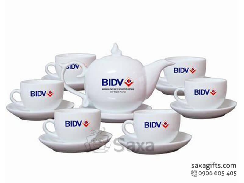 Ceramic tea set with logo printed in wavy form from Minh Long