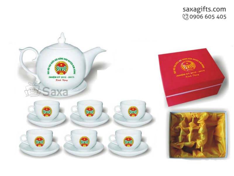 Ceramic tea set with logo printed in wavy form from Minh Long