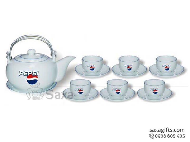 Ceramic tea set with logo printed and metal teapot handle