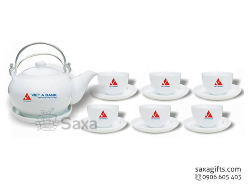 Ceramic tea set with logo printed and metal teapot handle