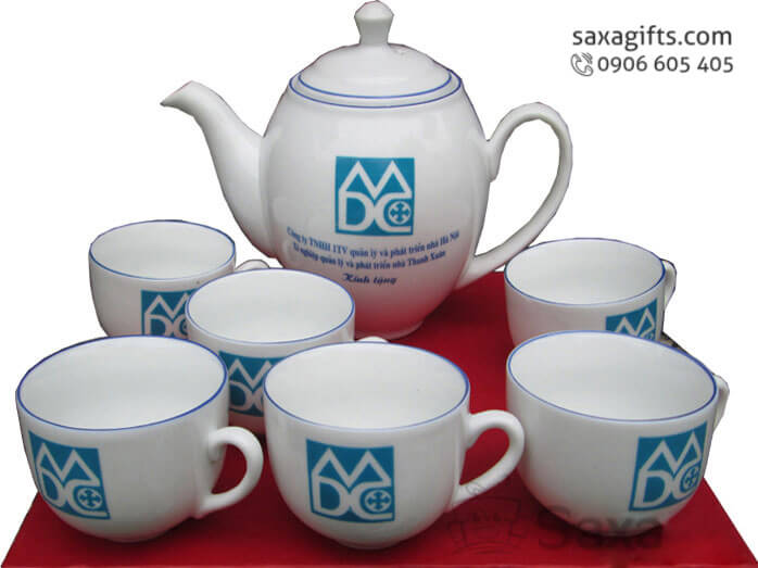 Ceramic tea set with logo printed in oval blue form from Minh Long