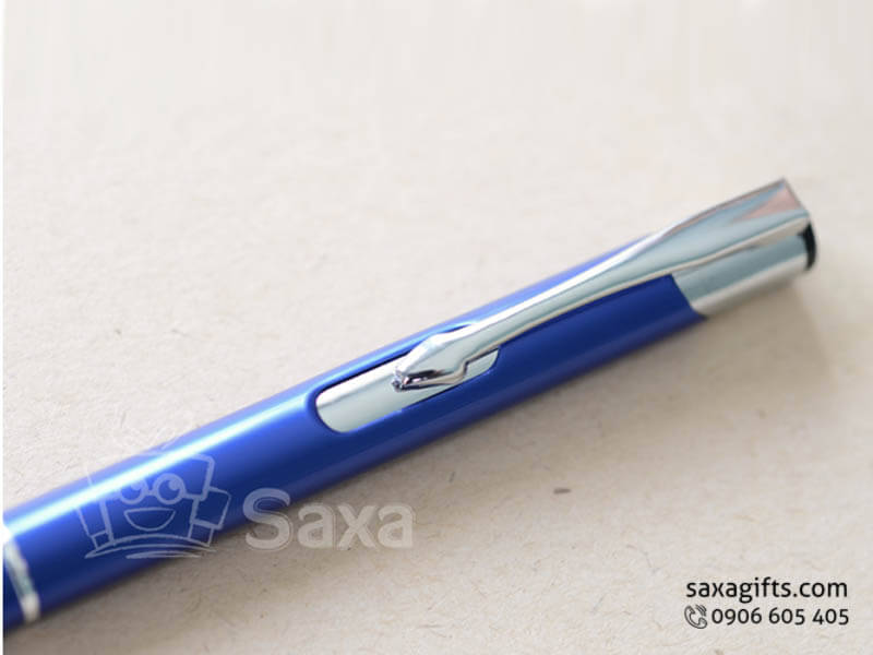 Metal pen with logo printed, pressing cap and blue cover