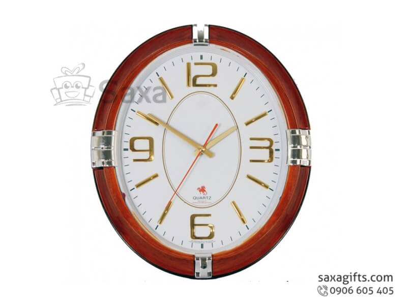 Clock with silver mixed wood pattern border in oval shape