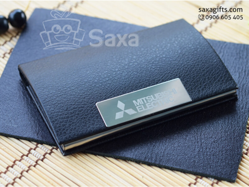 Leather namecard holder with logo printed, flip cut curved cap and metal mixed