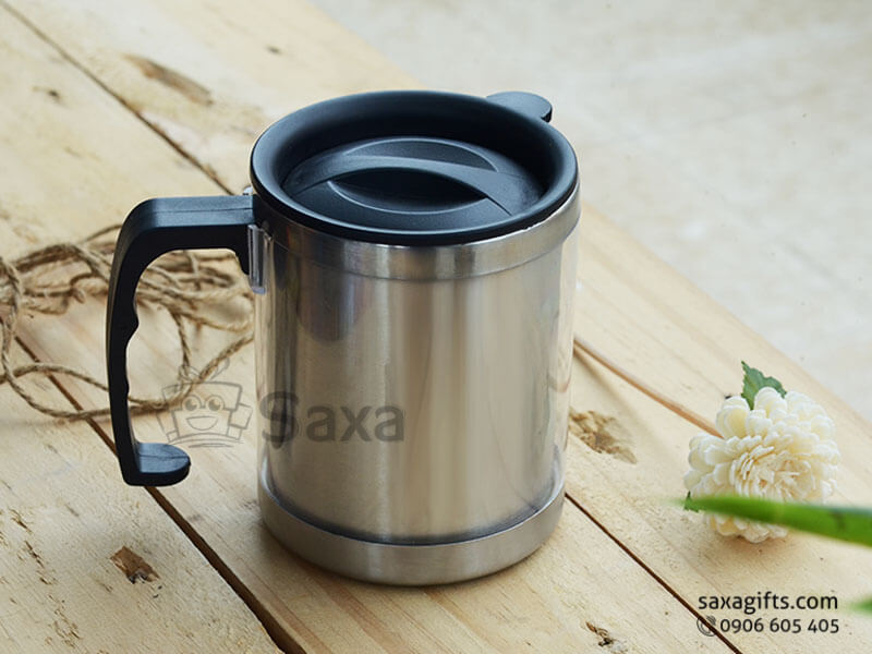 Warm keeping cup with logo printed, flip cap and plastic handle