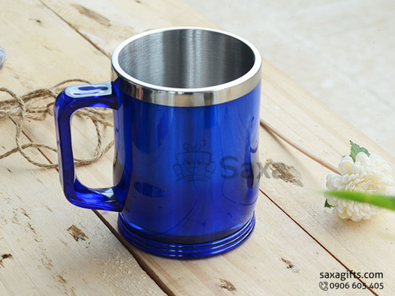 Warm keeping cup with logo printed in gloss blue short form