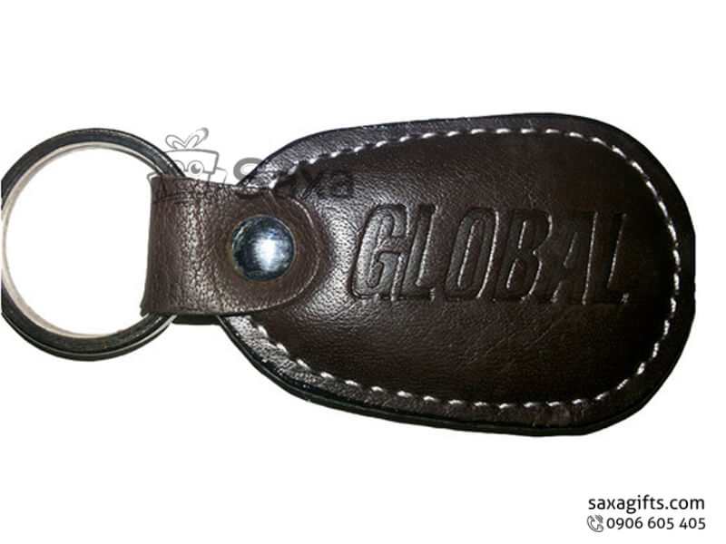 Leather keychain with logo printed in rounded corner trapezoid shape