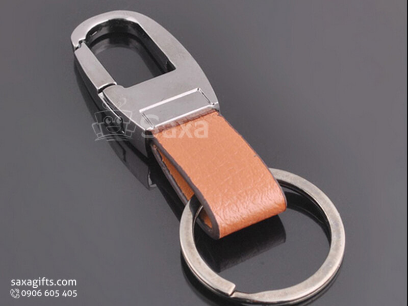 Leather keychain with logo printed and two tough rings