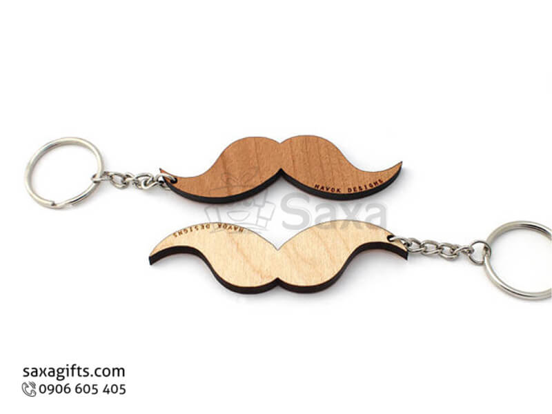 Wooden keychain with logo printed in cute moustache shape