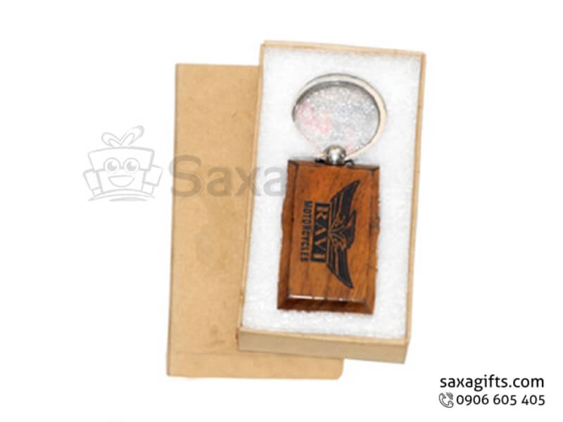 Wooden keychain with logo printed put inside a luxurious art box