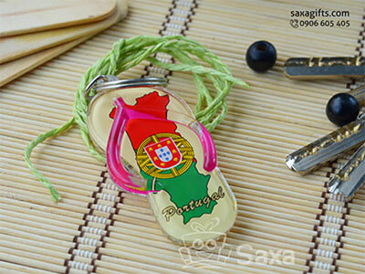 Promotion keychain with logo printed by mica in flipflop shape