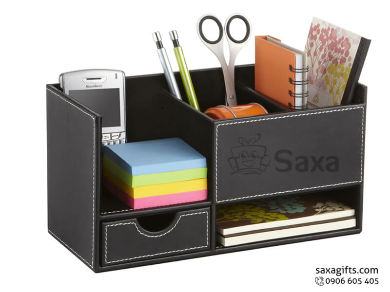 Leather desk gift with logo printed, bins in luxurious design