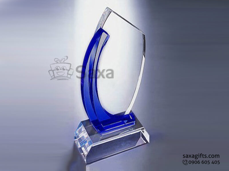 Crytal desk gift trophy with logo engraved blue mixed in wave shape