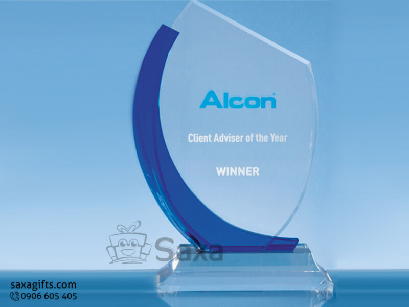 Crytal desk gift trophy with logo engraved blue mixed in wave shape