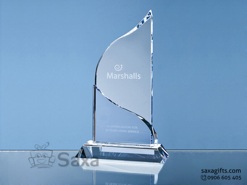 Crytal desk gift trophy with logo engraved in stylish shape and colours