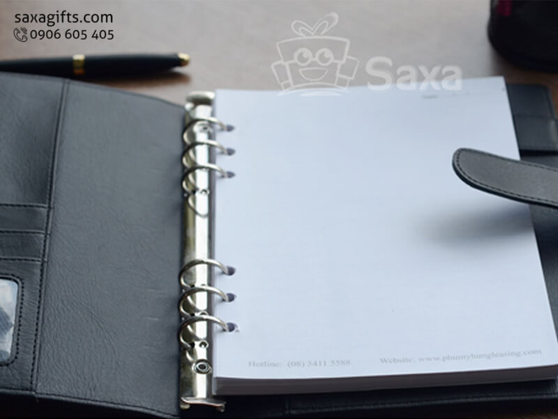 Leather notebook with rings and luxurious black smooth patterns