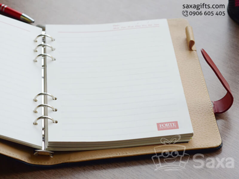 Leather notebook with logo printed, ring cover and red pinned jack