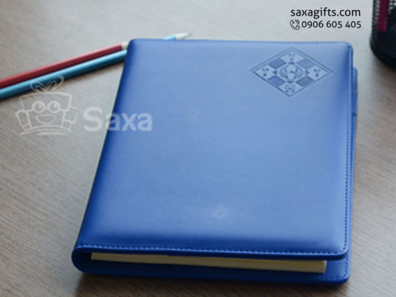 Leather notebook with logo printed, spiral back and pen pinned jack