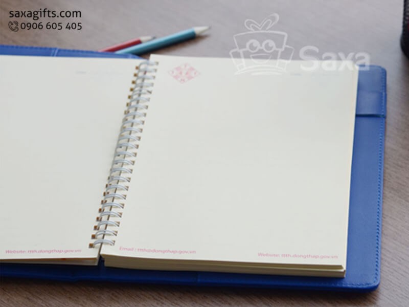 Leather notebook with logo printed, spiral back and pen pinned jack