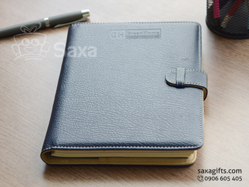 Leather notebook with logo printed, spiral back and pinned jack