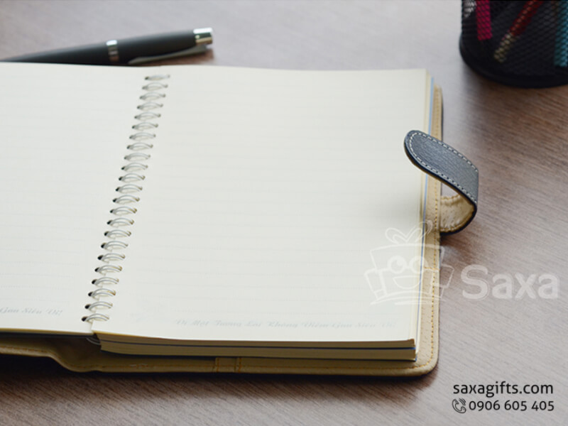 Leather notebook with logo printed, spiral back and pinned jack