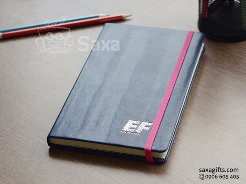 Glued notebook with logo printed, black navy cover and elastic band