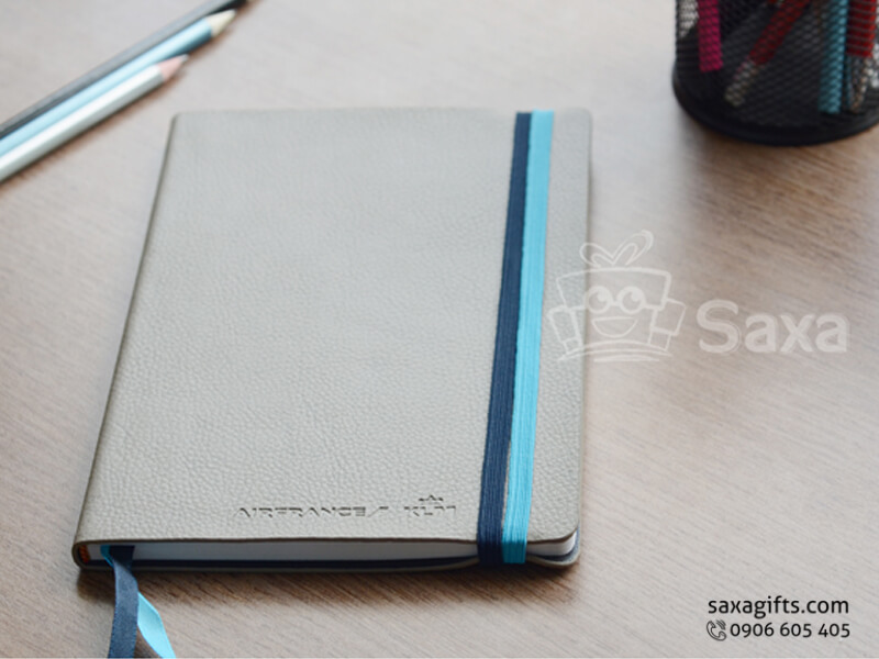 Glued notebook with logo printed, grey cover and elastic band