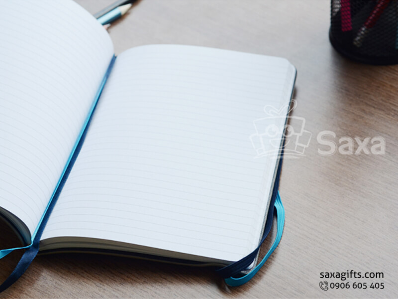 Glued notebook with logo printed, grey cover and elastic band